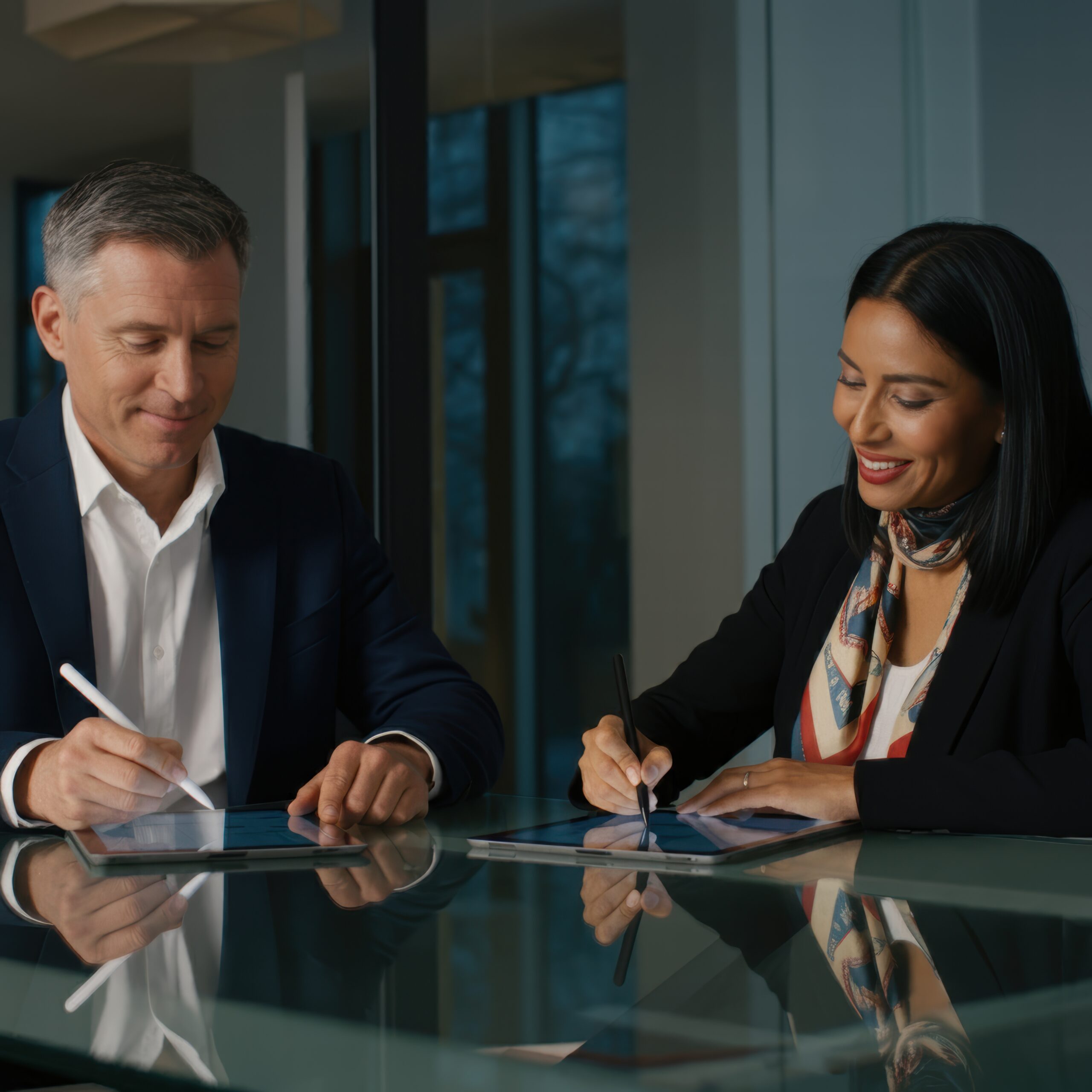 two-executives-seated-modern-desk-signing-digital-contract-tablets-both-smiling attorneys Blackley and Wingad in Holladay Utah